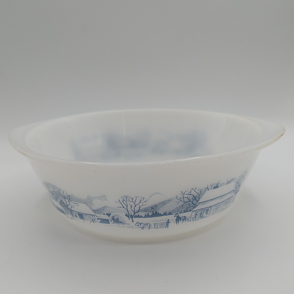 Glasbake Currier & Ives Blue Milk Glass Round Casserole Dish J-514 2 QT USA